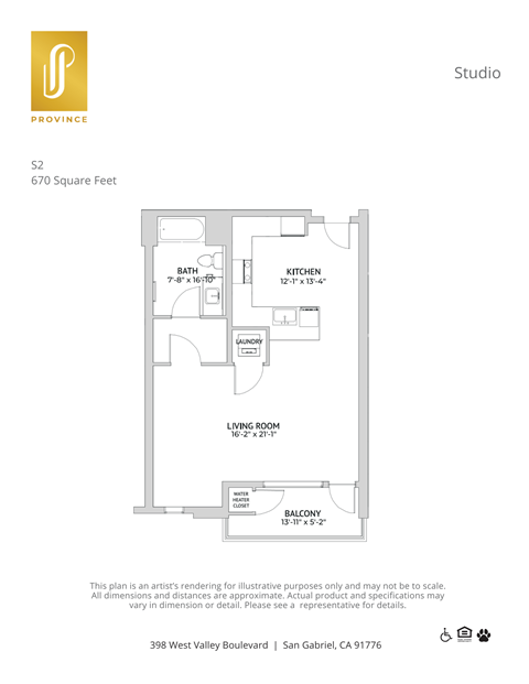 Floor plan for studio, 1 bath, 670 sqft